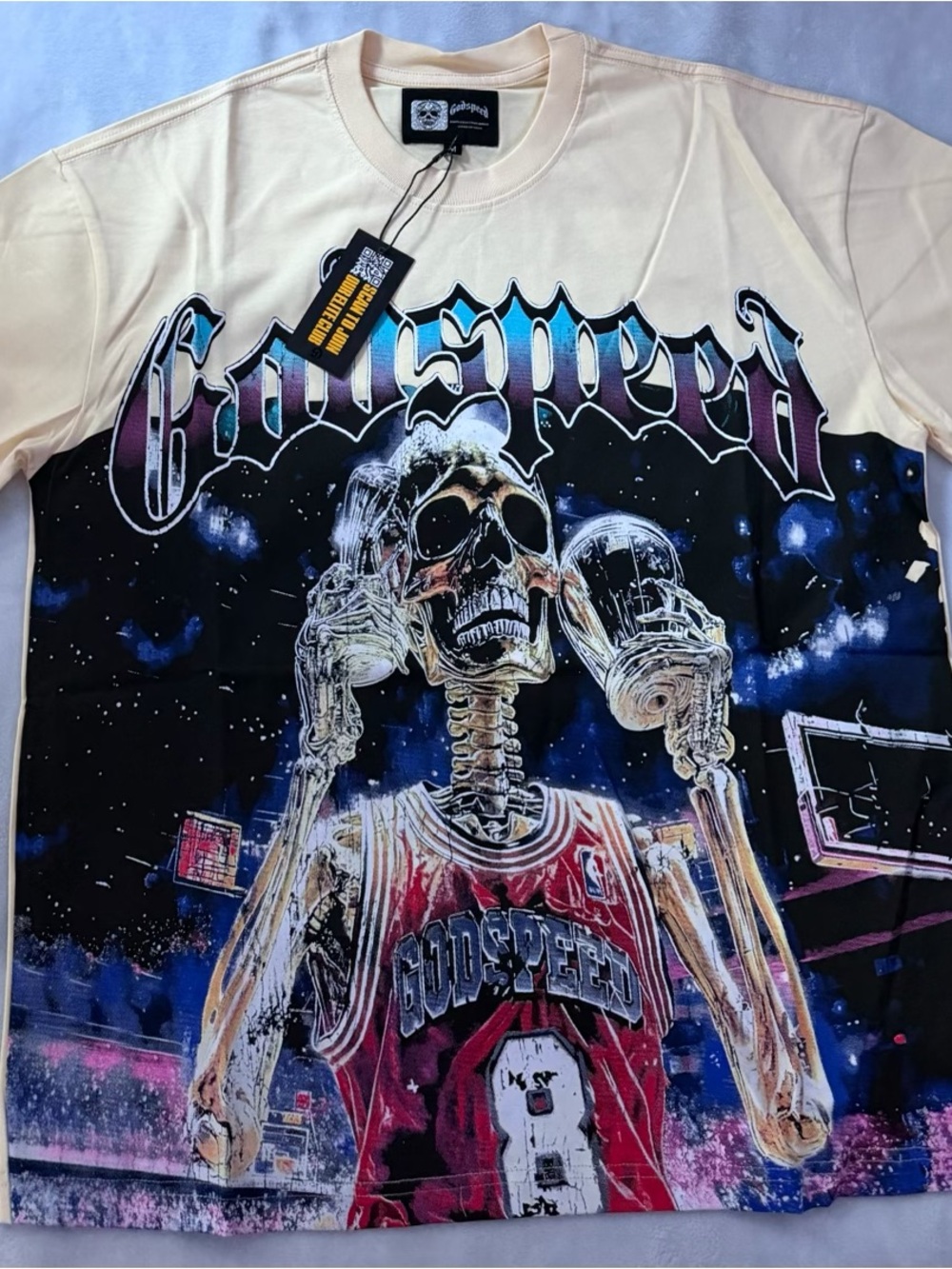 Godspeed Cream and Black Graphic Skeleton Basketball Tee